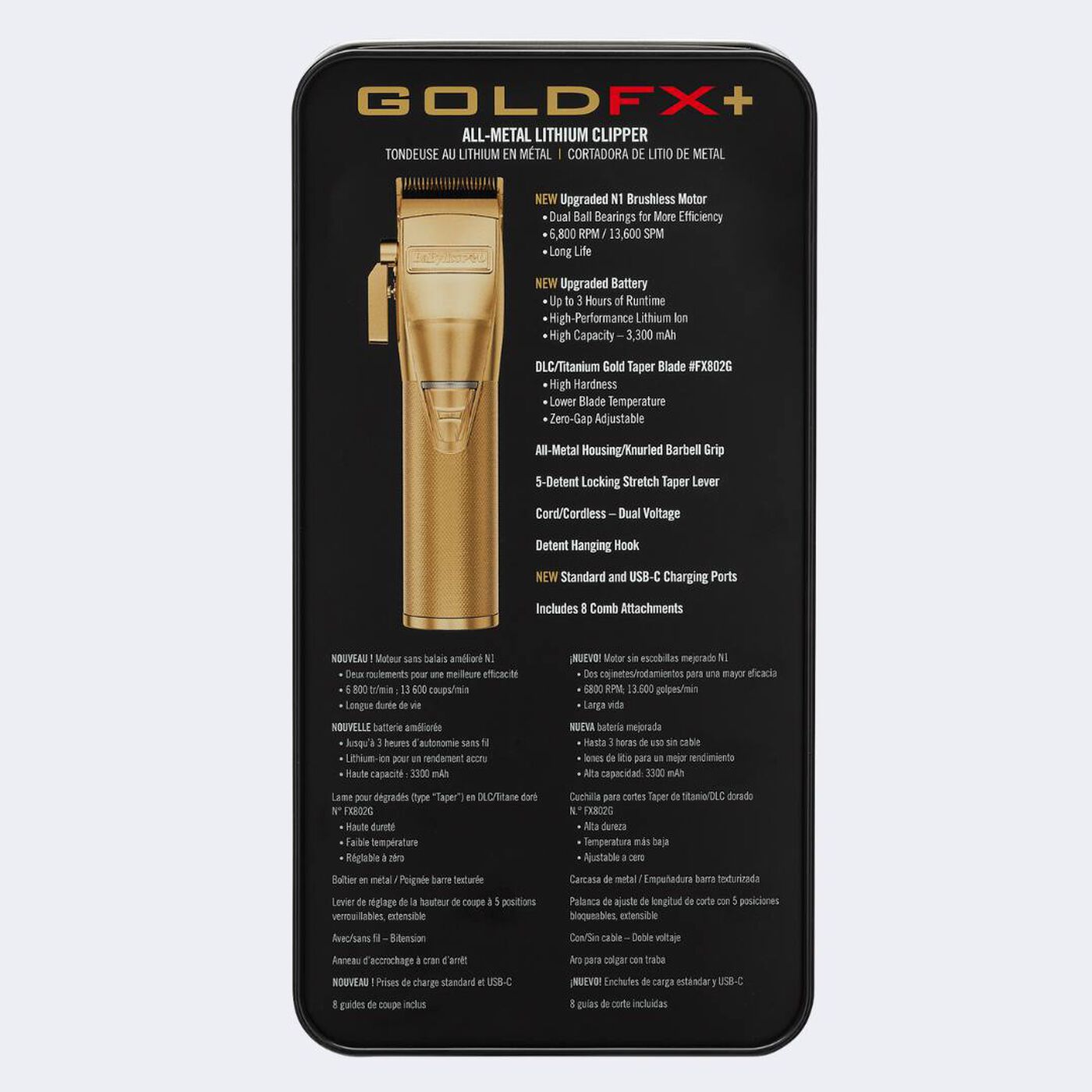 BaBylissPRO GoldFX+ All-Metal Lithium Clipper back of packaging