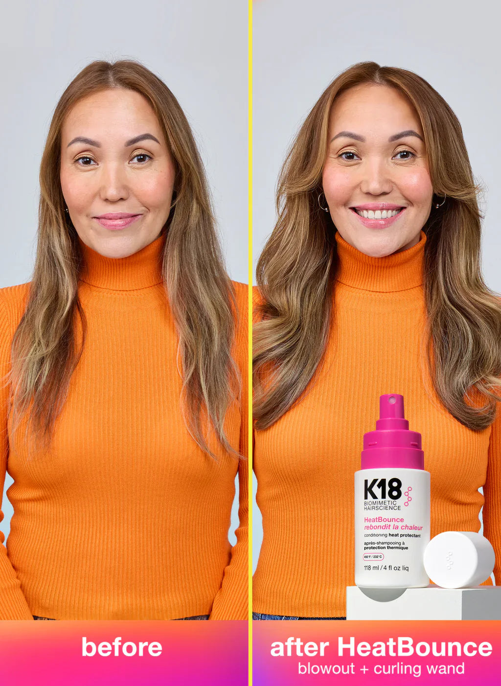 K18 HeatBounce Conditioning Heat Protectant Before After