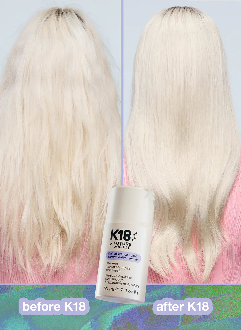 K18 Leave-In Molecular Repair Hair Mask Limited Edition Scent Before After