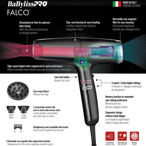 Load image 1 in gallery view. BaBylissPRO Falco Ionic High-Performance Hairdryer features