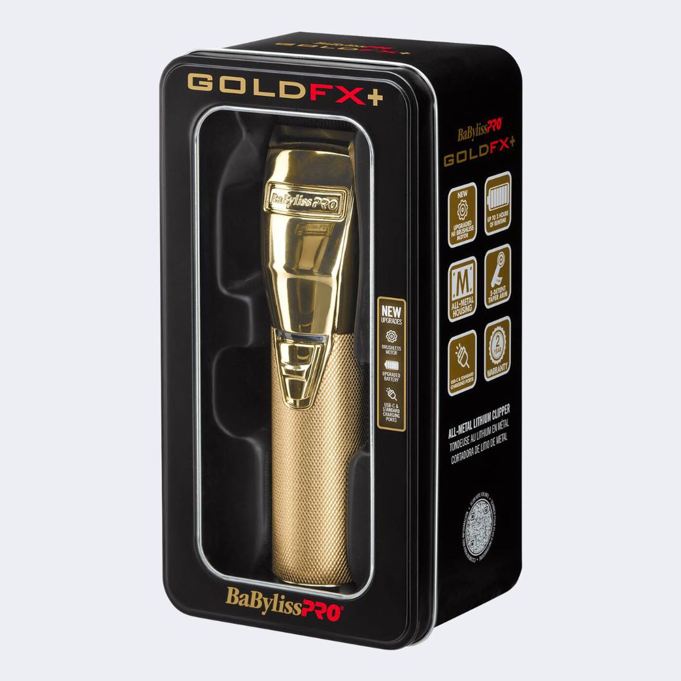 BaBylissPRO GoldFX+ All-Metal Lithium Clipper in packaging