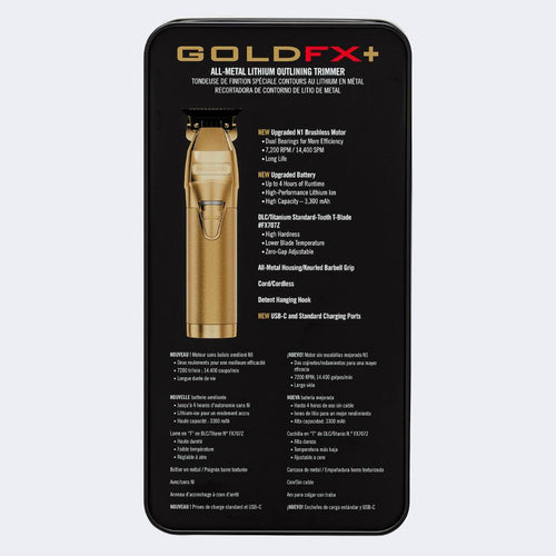 Load image 1 in gallery view. BaBylissPRO GoldFX+ All-Metal Lithium Outlining Trimmer back of packaging