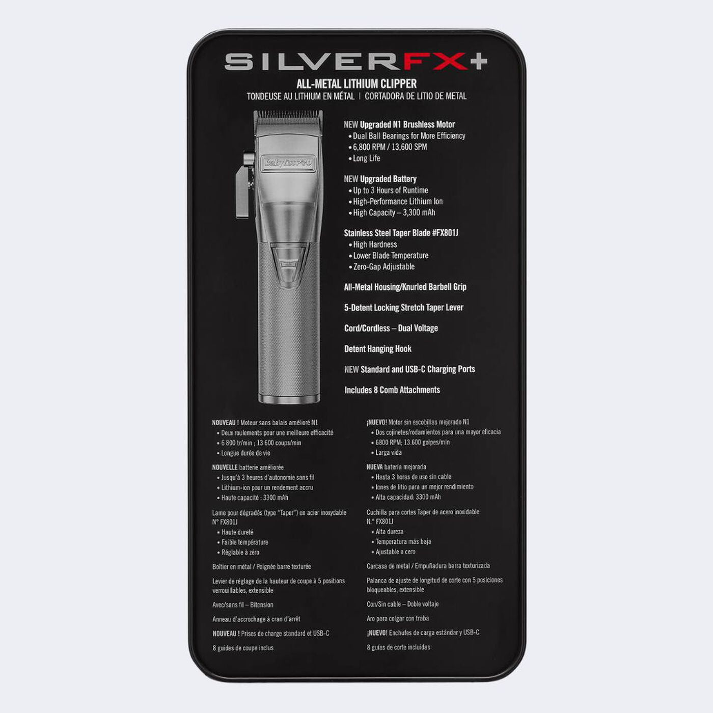 BaBylissPRO SilverFX+ All-Metal Lithium Clipper back of packaging