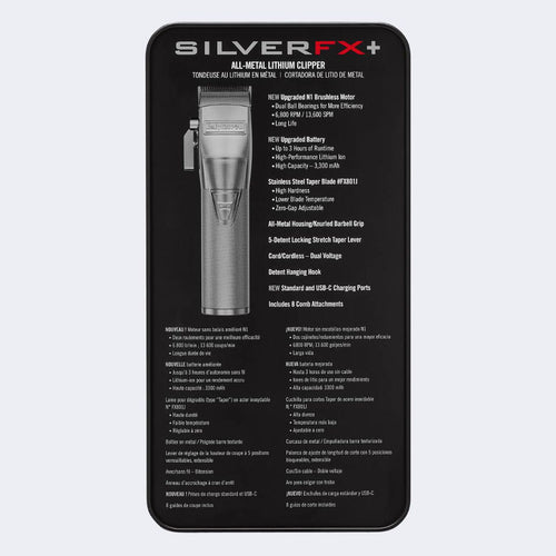 Load image 1 in gallery view. BaBylissPRO SilverFX+ All-Metal Lithium Clipper back of packaging