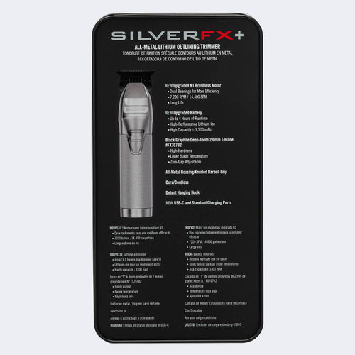 Load image 1 in gallery view. BaBylissPRO SilverFX+ All-Metal Lithium Outlining Trimmer back of packaging