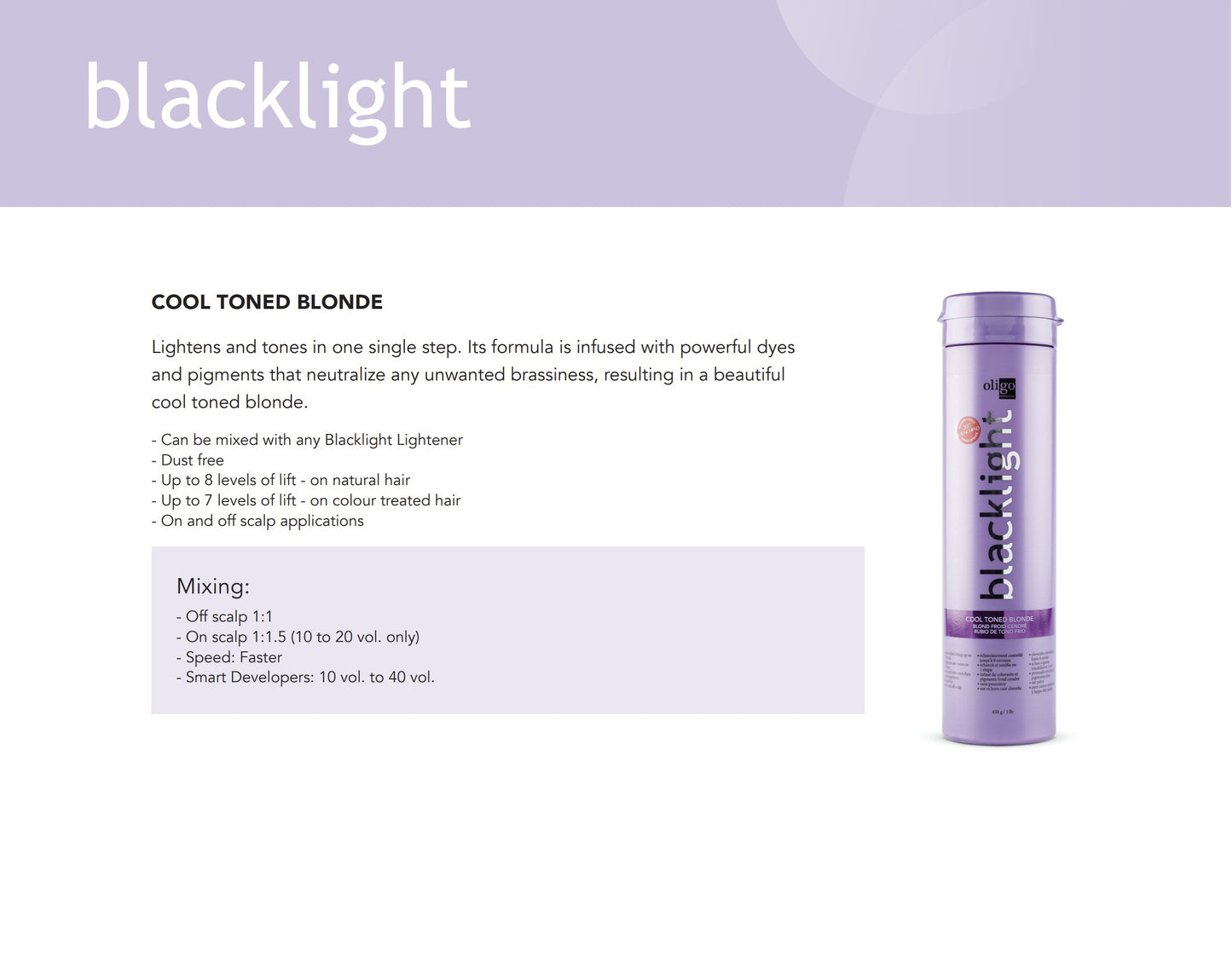 OLIGO Blacklight Cool Toned Blonde Lightener Features and Instructions benefits